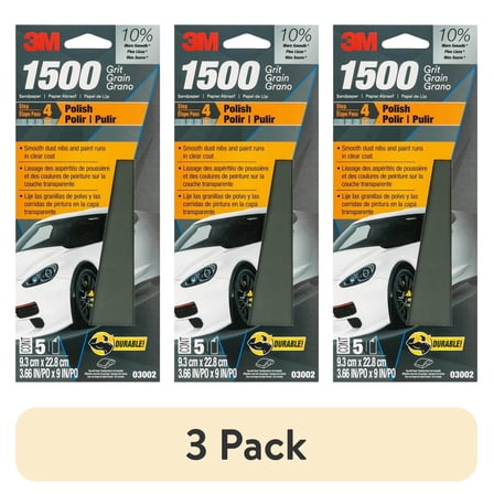 (3 pack) 3M Wetordry Sandpaper, 3 2/3 in x 9 in, 1500 Grit, 5-Pack