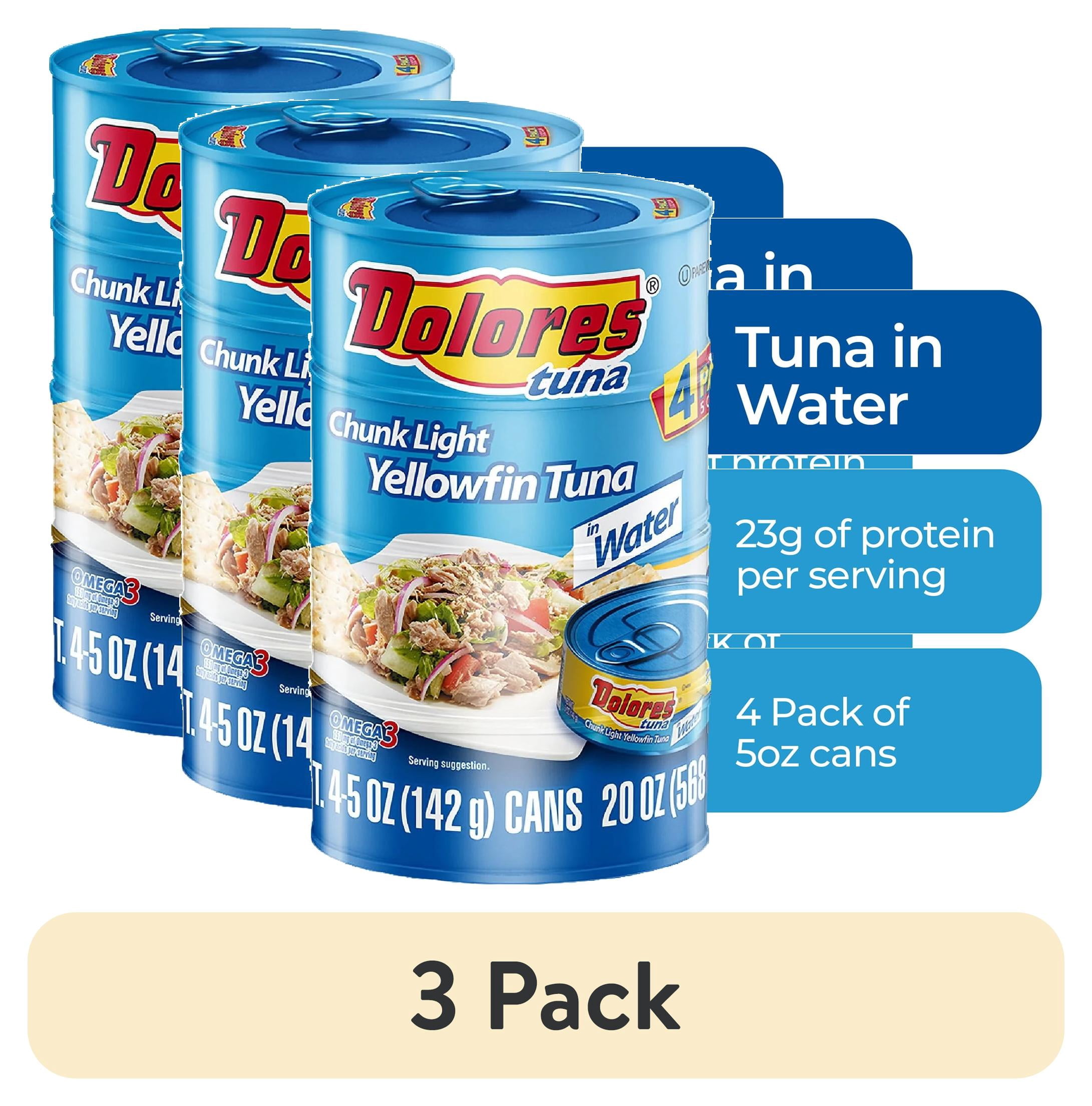 (3 pack) Dolores® Chunk Light Yellowfin Tuna in Water, 4 Cans, 5 oz Each