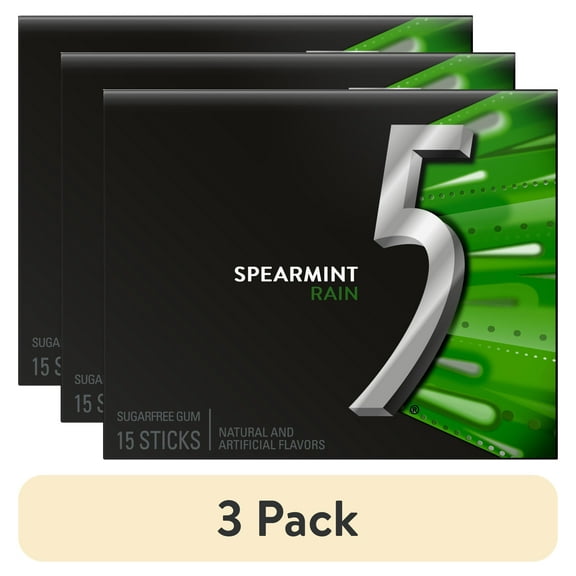 (3 pack) 5 Gum Spearmint Rain Sugar Free Chewing Gum - 15 Count