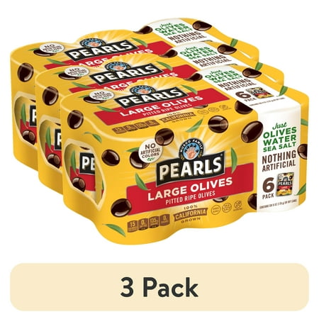 (3 pack) 6 pack Pearls Ripe Pitted Large Black Olives, 6 oz Can. No Artificial Colors. Major Allergens Not Contained.