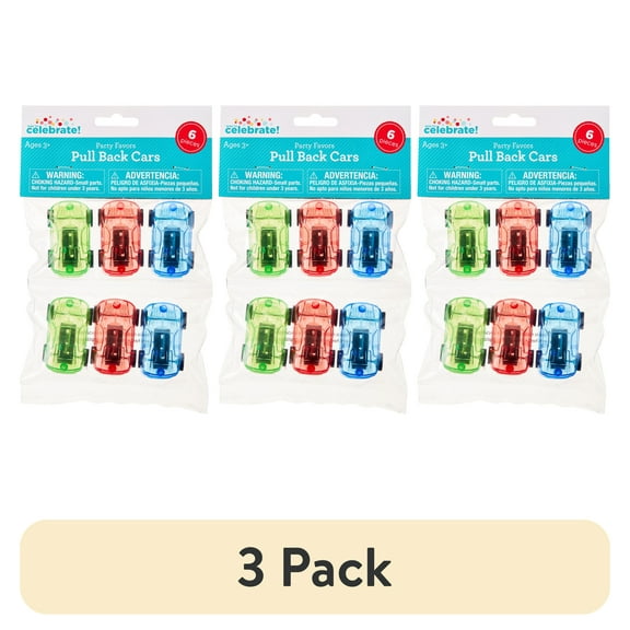 (3 pack) 6 Count, Multicolor Pull Back Cars, Party Favors, by Way To Celebrate
