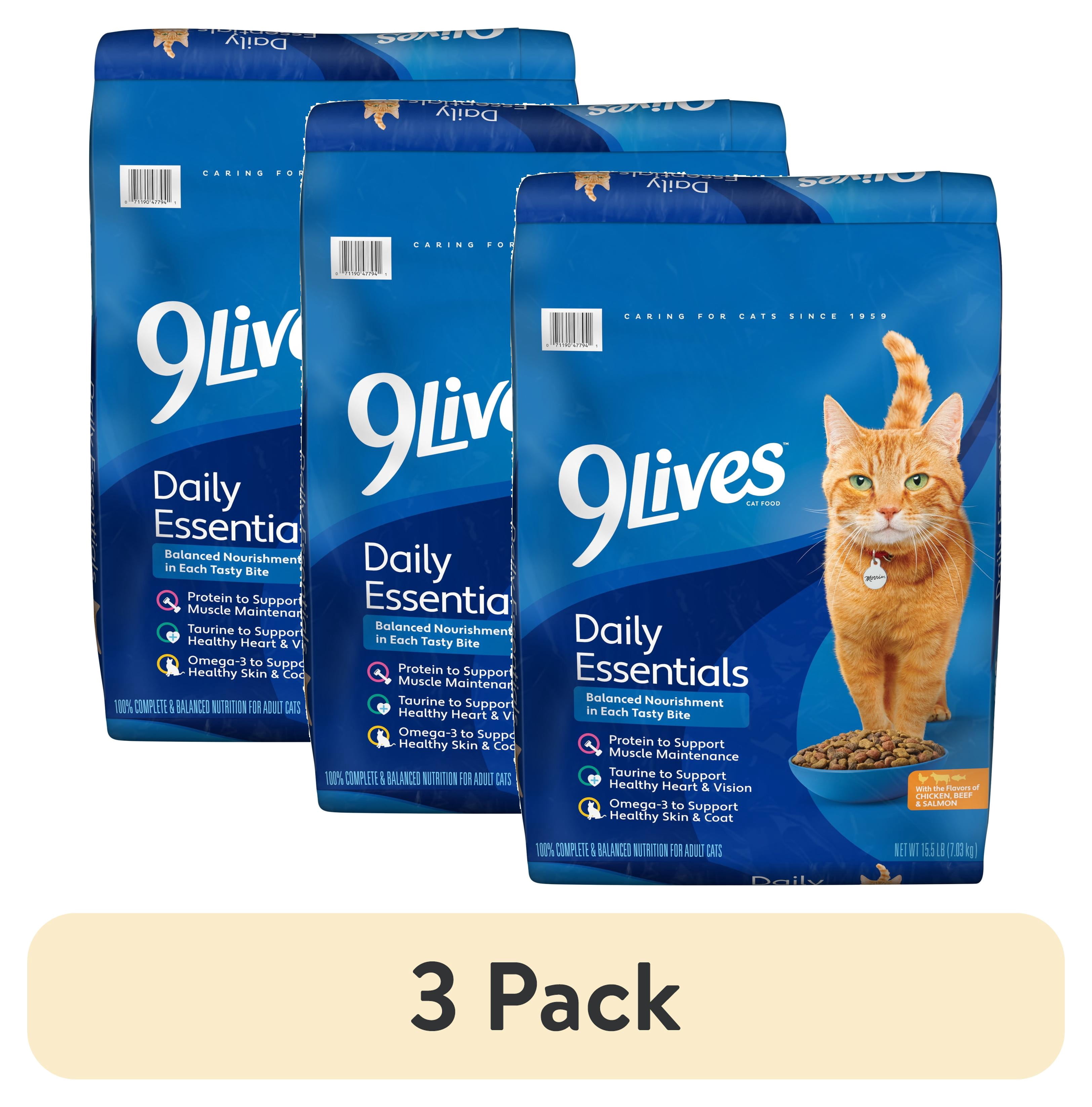 (3 pack) 9Lives Daily Essentials Dry Cat Food for Adult Cats with Chicken, Beef & Salmon, 15.5 lb. Bag