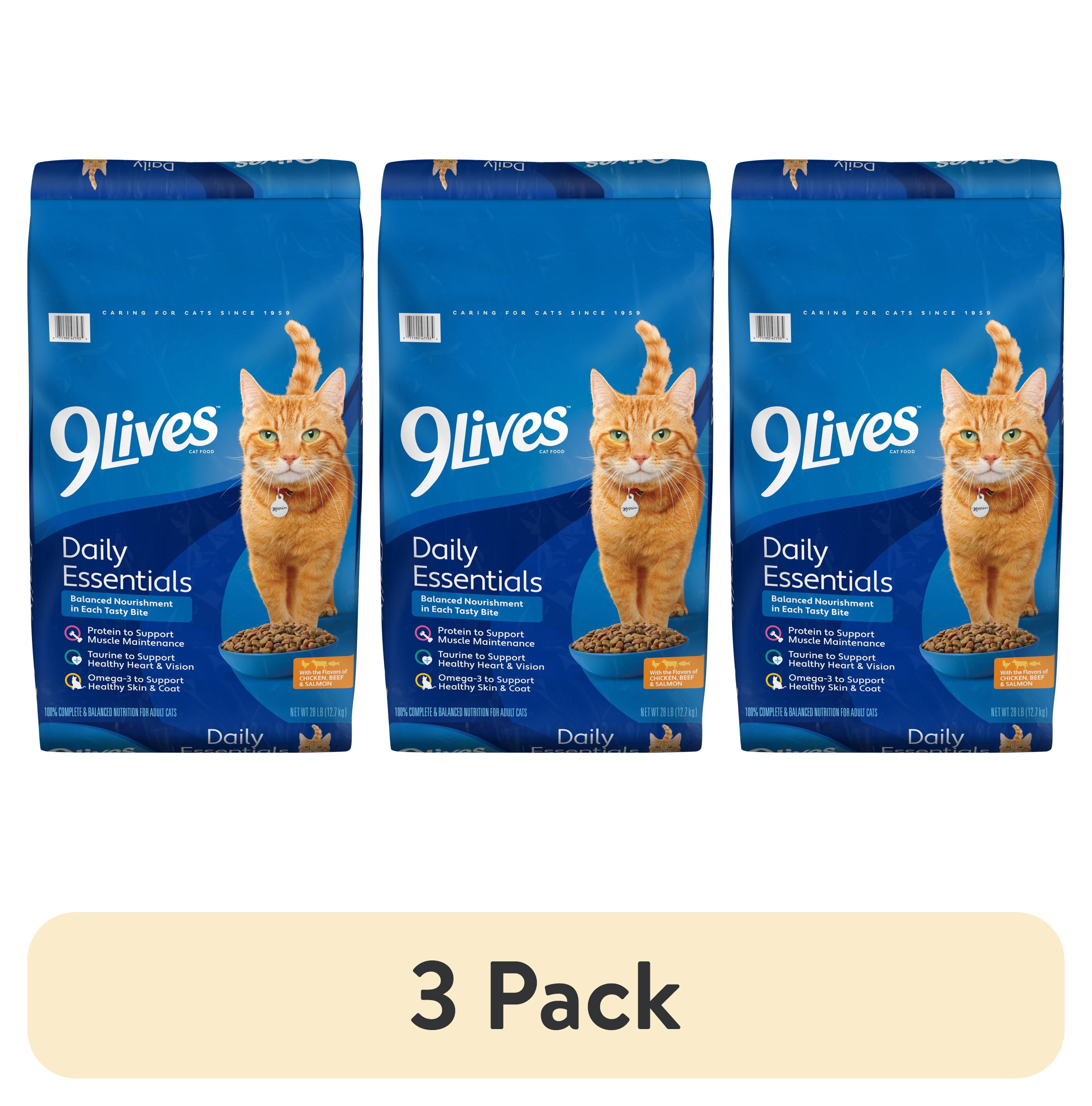 (3 pack) 9Lives Daily Essentials Dry Cat Food for Adult Cats with Chicken, Beef & Salmon, 28 lb. Bag