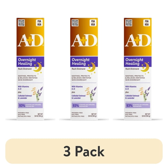 (3 pack) A+D Overnight Healing Diaper Rash Ointment for Baby, Soothes, Protects & Relieves Overnight, 3.6oz