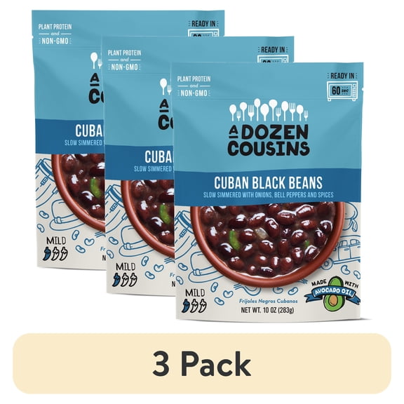 (3 pack) A Dozen Cousins Cuban Black Beans, Vegan Gluten-Free Microwaveable Seasoned Beans with Avocado Oil, 10 oz Pouch