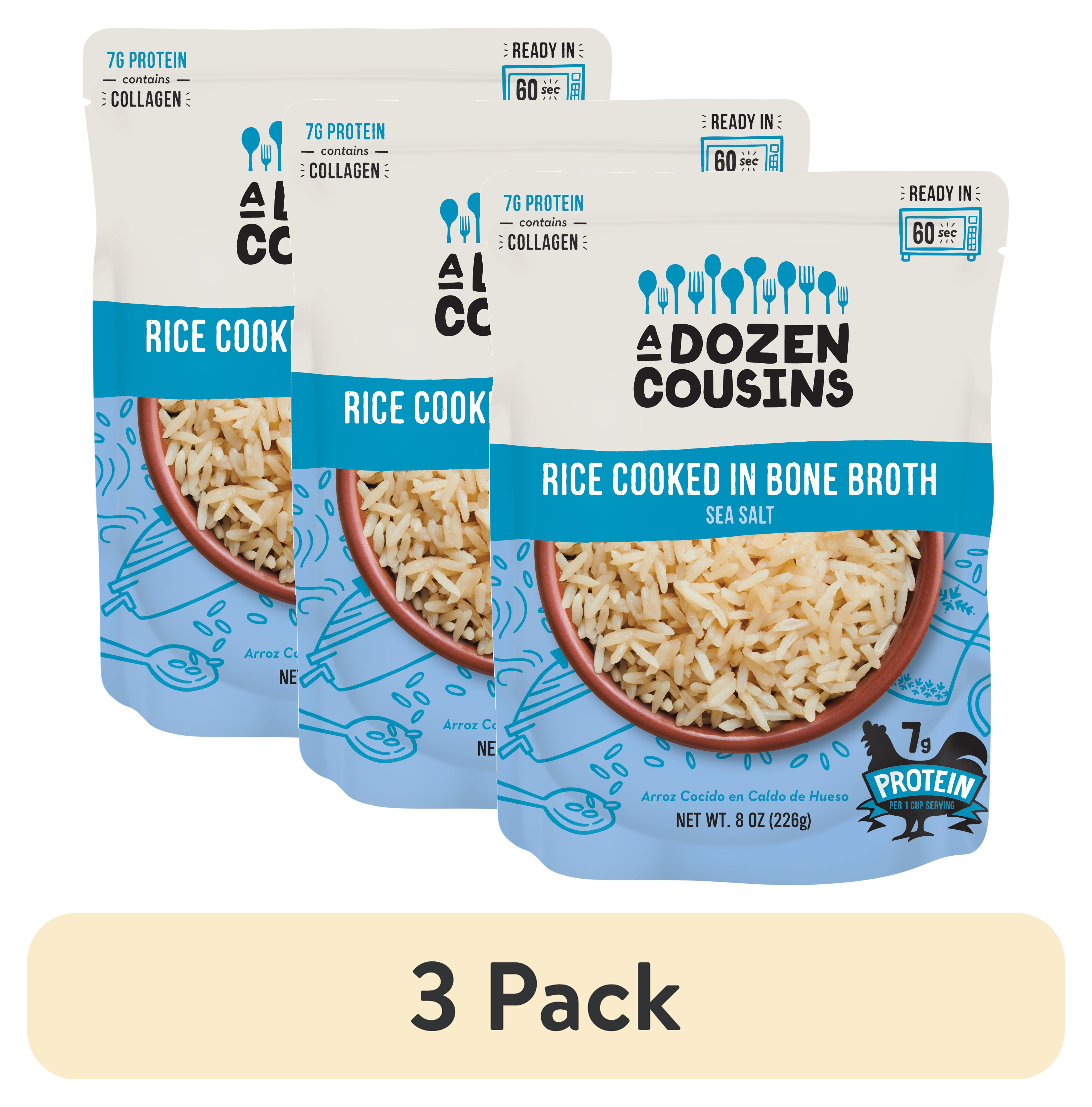 (3 pack) A Dozen Cousins Sea Salt Rice Cooked in Bone Broth, Gluten-Free Microwave Side Dish, 8 oz Pouch