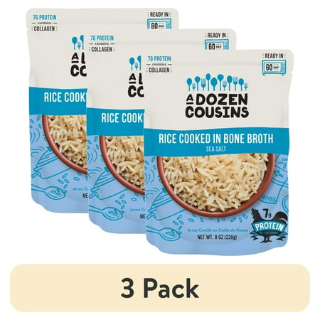(3 pack) A Dozen Cousins Sea Salt Rice Cooked in Bone Broth, Gluten-Free Microwave Side Dish, 8 oz Pouch