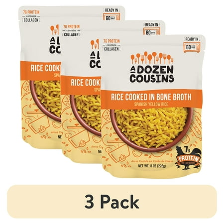 (3 pack) A Dozen Cousins Yellow Spanish Rice Cooked in Bone Broth, Gluten-Free Microwave Side Dish, 8 oz Pouch