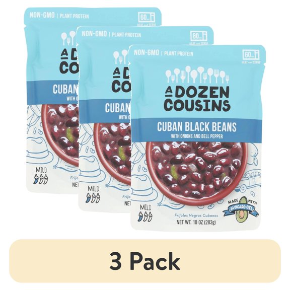 (3 pack) A Dozen Cousins Cuban Black Beans, Vegan Gluten-Free Microwaveable Seasoned Beans with Avocado Oil, 10 oz Pouch