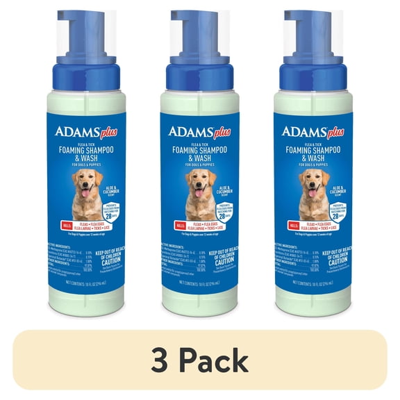 (3 pack) ADAMS Plus Flea & Tick Foaming Shampoo & Wash for Dogs & Puppies, Flea Shampoo to Treat Flea Infestations, Kills Ticks, Fleas, Flea Eggs & Lice, Cleans and Conditions Coat, 10 fl oz