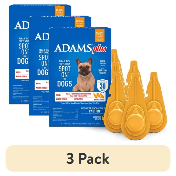 (3 pack) ADAMS Plus Flea & Tick Prevention Spot On for Dogs, Medium Dogs, Kills Fleas & Ticks (Brown Dog/Deer Ticks), Kills and Repels Mosquitoes, Prevents Flea Infestations, 3-Month Supply, 3 pack