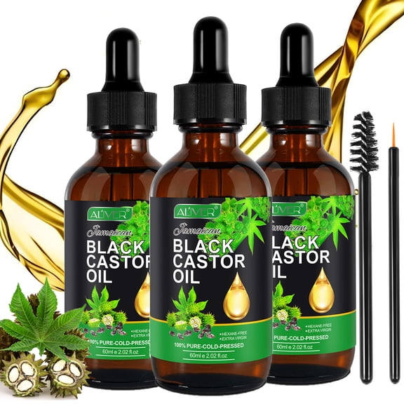 (3 pack) ALIVER Jamaican Black Castor Oil for Body Massage & Aromatherapy, Cold Pressed, Extra Virgin, Hexane-Free, 60ml/2.02floz