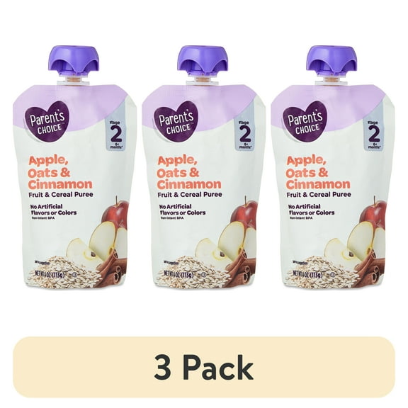(3 pack) Parent's Choice Stage 2 Baby Food, Apple, Cinnamon, and Oats Fruit and Cereal Puree, 4 oz Pouch