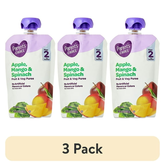 (3 pack) Parent's Choice Stage 2 Baby Food, Apple, Mango, and Spinach Puree, 4 oz Pouch