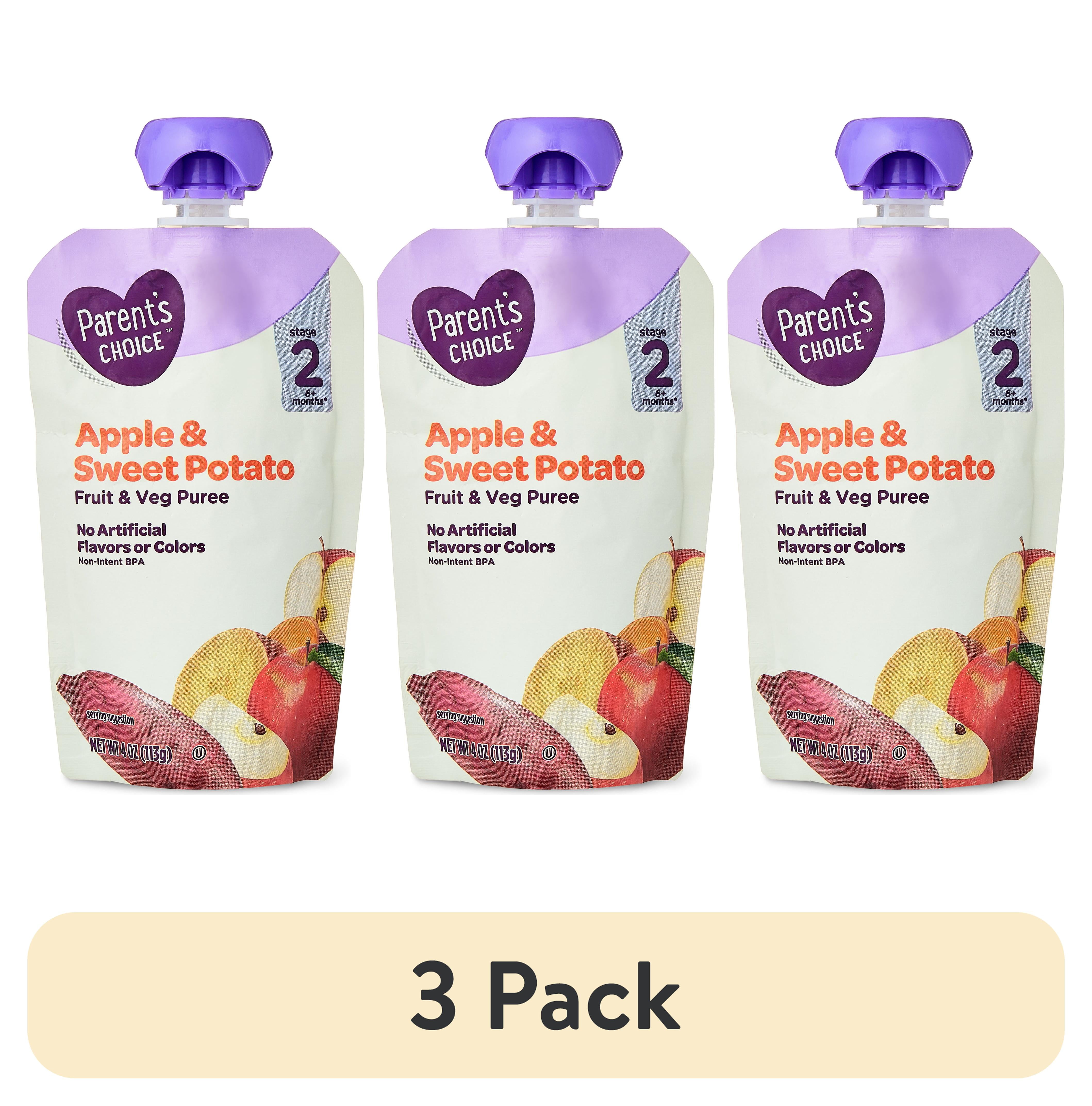 (3 pack) Parent's Choice Stage 2 Baby Food Apple and Sweet Potato Puree, 4 oz Pouch