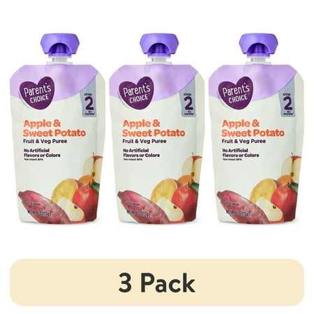 (3 pack) Parent's Choice Stage 2 Baby Food Apple and Sweet Potato Puree, 4 oz Pouch