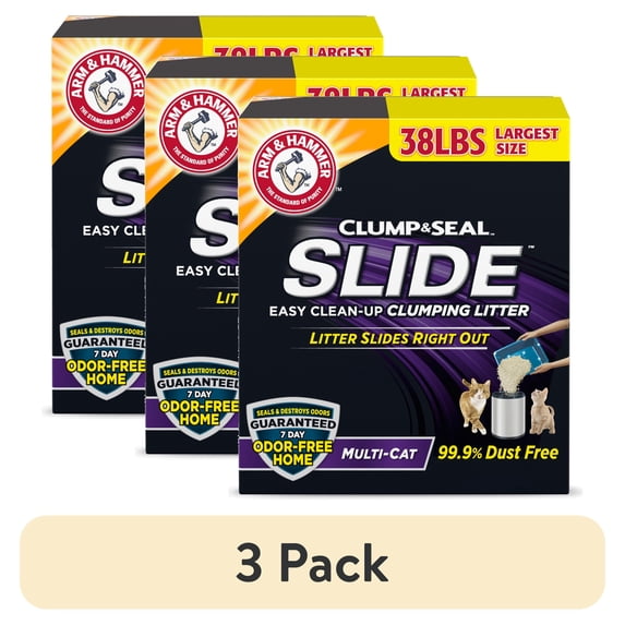 (3 pack) ARM & HAMMER Clump & Seal SLIDE Cat Litter, Easy Clean-up Multi-Cat Clumping Litter, 38 lbs