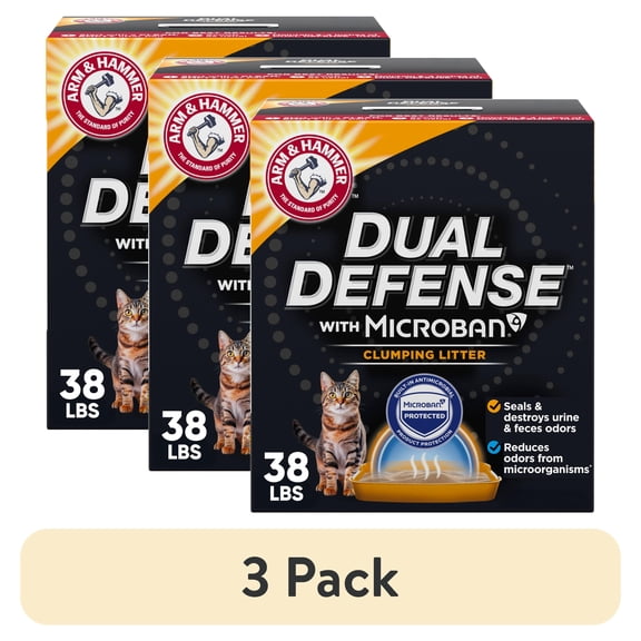 (3 pack) ARM & HAMMER Dual Defense with Microban Clumping Cat Litter, Antimicrobial Product Protection*, Odor Control for Multi-Cat Households, 38 Lbs