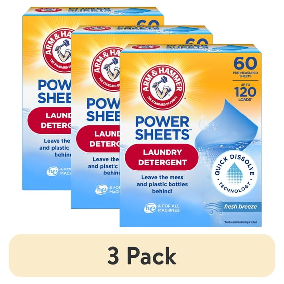 (3 pack) ARM & HAMMER Power Sheets Laundry Detergent, Fresh Breeze 60 ct, up to 120 small loads
