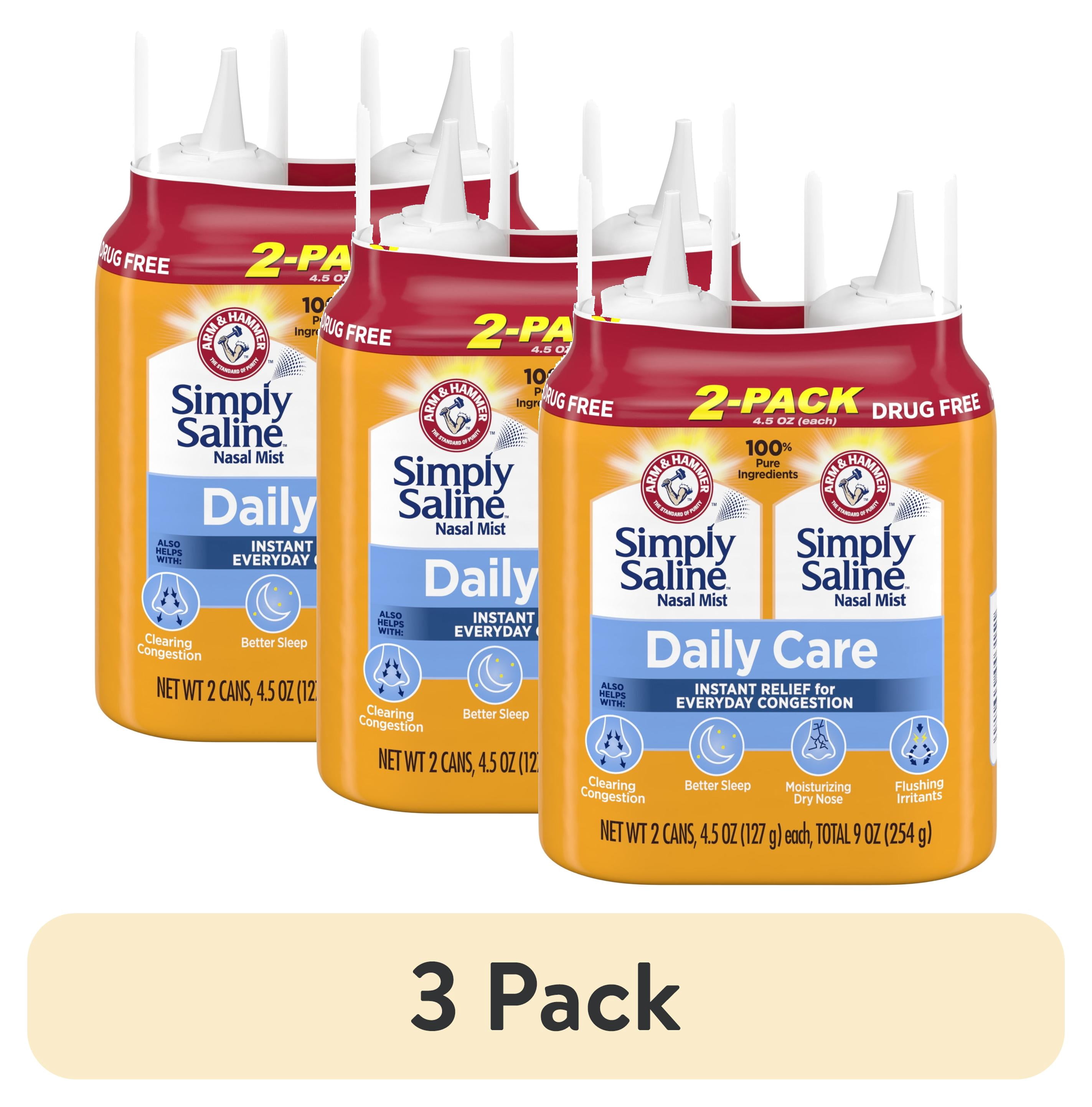 (3 pack) ARM & HAMMER Simply Saline Nasal Care Daily Mist Spray 4.5 oz, Instant Relief for Every Day Congestion, 2 pack, 9.0 oz