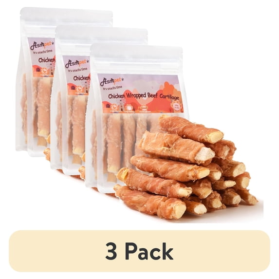 (3 pack) ASMPET Chicken Wrapped Beef Cartilage Dog Treats, Long-Lasting Chewy Dog Soft Bone for Small, Medium & Large Dogs (10.6oz, No Rawhide)