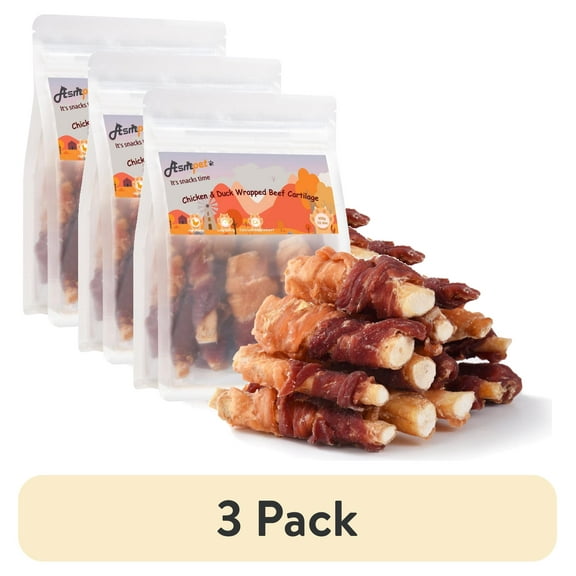 (3 pack) ASMPET Chicken Wrapped Beef Cartilage with Duck Dog Treats, High Calcium Chewy Dog Soft Bone for Small, Medium, Large Dogs (10.6oz, No Rawhide)