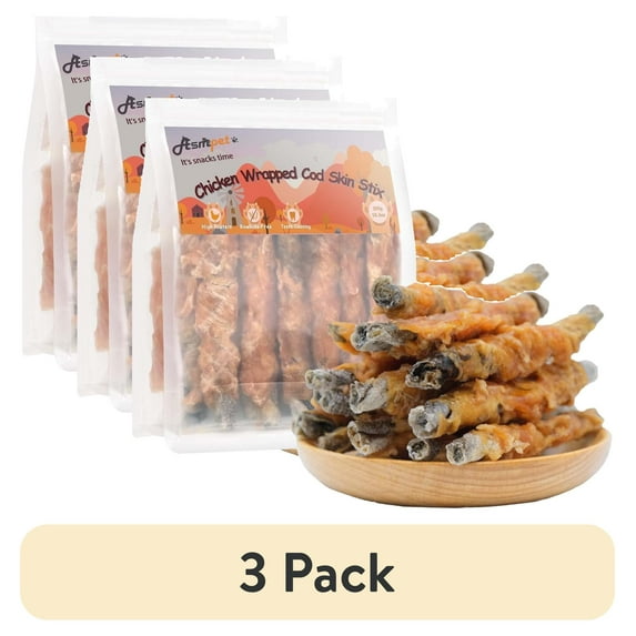 (3 pack) ASMPET Chicken Wrapped Cod Skin Dog Treats Natural Chew for Small Medium Large Dogs, 10.6oz Pouch