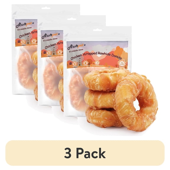 (3 pack) ASMPET Chicken Wrapped Rawhide Donut Dog Treats, 4ps Long Lasting Dog Bone for Medium Large Dogs, 11oz