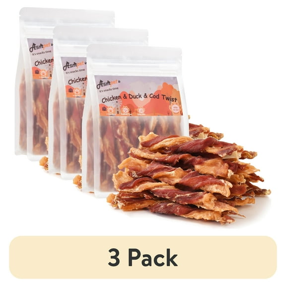 (3 pack) ASMPET Dog Treats Chews,Triple Flavor Chicken, Cod & Duck Twists, Jerky Sticks for Small Medium Large Dogs 10.6 oz
