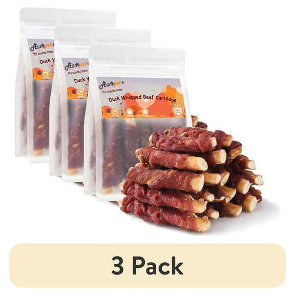 (3 pack) ASMPET Duck Wrapped Beef Cartilage Dog Treats, Dental Chewy Dog Soft Bone for Small, Medium, Large Dogs (10.6OZ, No Rawhide)