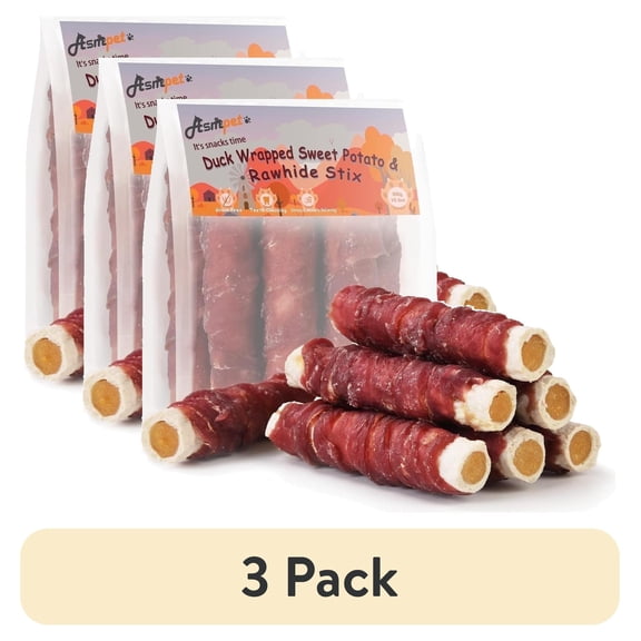 (3 pack) ASMPET Dog Treats Duck Wrapped Rawhide Sweet Potato Stick, Long Lasting Dog Bone, Teeth Cleaning for Medium Large Dogs, 10.6oz