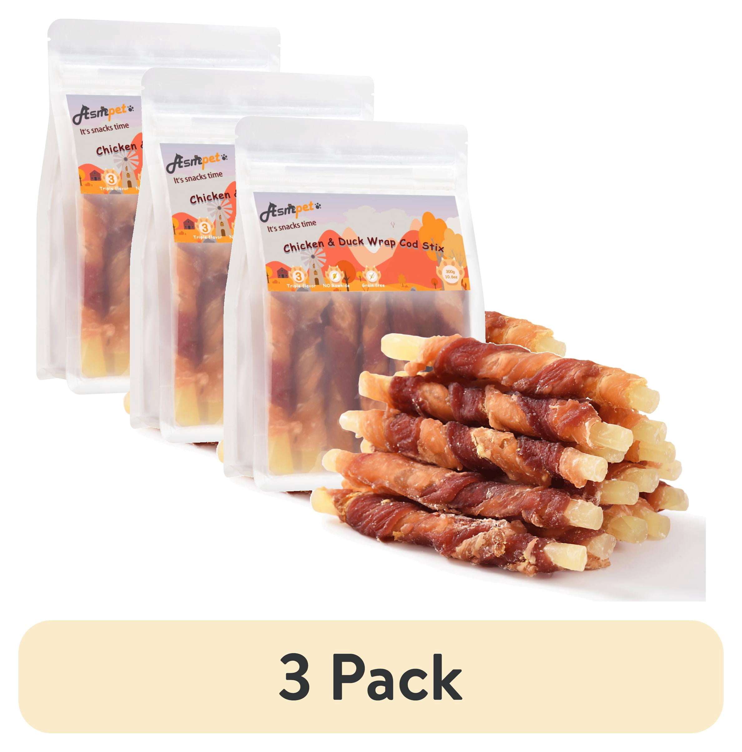(3 pack) ASMPET Rawhide Free Dog Treats Chicken Jerky & Duck Wrap Cod Sticks, Healthy Treats for Dogs, Soft Chewy Healthy Natural Treats, 15pcs, 11oz