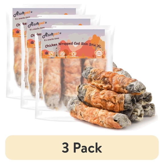 (3 pack) ASMPET Rawhide Free Dog Treats, Chicken Wrapped Cod Fish Skin Stick XL, Natural Dog Chews Rich in Omega3 for Medium Large Dogs, 11oz
