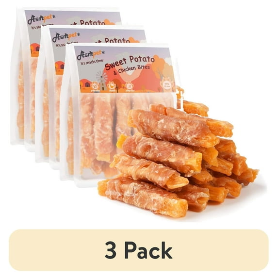 (3 pack) ASMPET Sweet Potato Dog Treats, Natural Chicken Jerky & Sweet Potato Chews for All Dogs, 15pcs