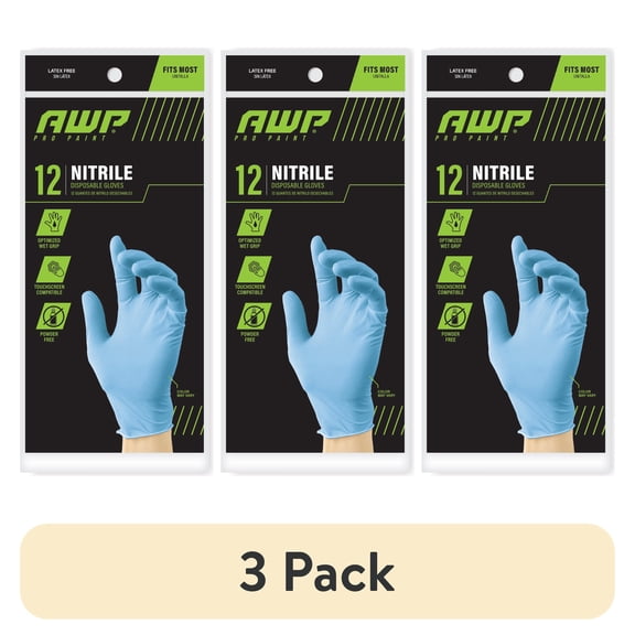 (3 pack) AWP Pro Paint Nitrile Gloves Unisex Disposable Latex-Freen Touchscreen Compatible, Blue, 12 Count