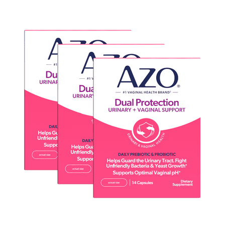 (3 pack) AZO Dual Protection Urinary & Vaginal Support Supplement, Prebiotic + Probiotic Blend for Balanced Health & Discomfort Relief, 14 Count