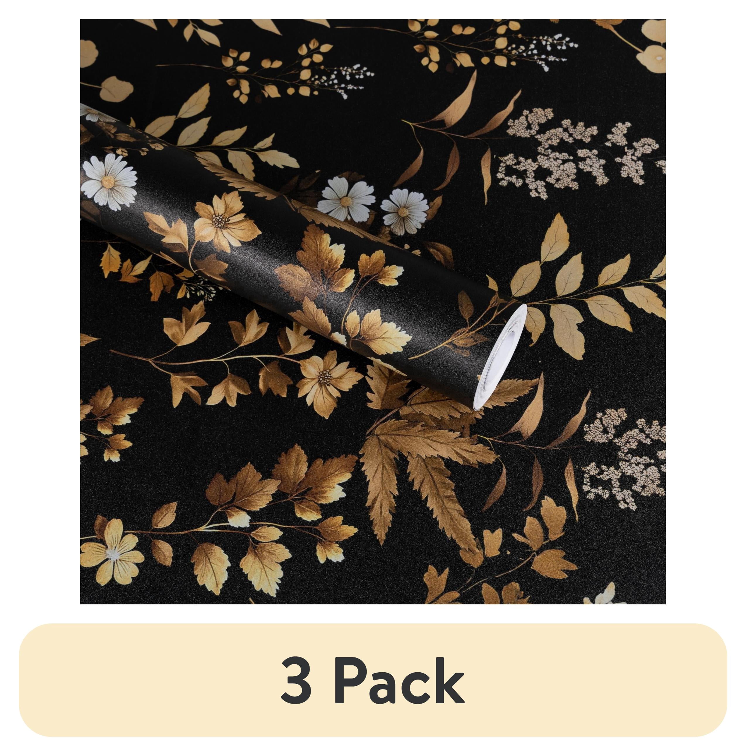 (3 pack) Abyssaly Peel and Stick Wallpaper 17.3" x 118" Black Gold Floral Wallpaper Self-Adhesive Removable Contact Paper for Home Decoration