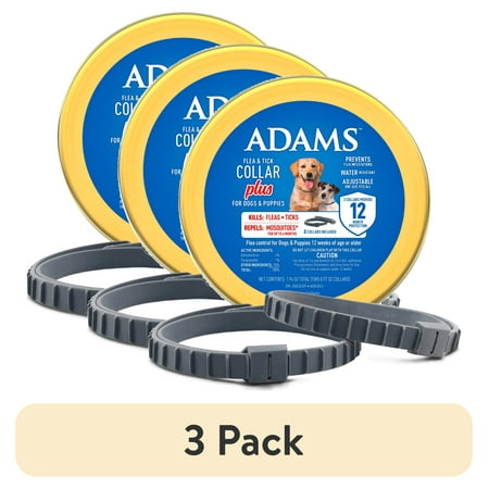 (3 pack) ADAMS Flea & Tick Collar Plus for Dogs & Puppies, 12 Months Protection Flea Infestations, Kills Fleas & Ticks, Repels Mosquitoes For Up To 6 Months (Excl. California), One Size Fits All, 2 Count