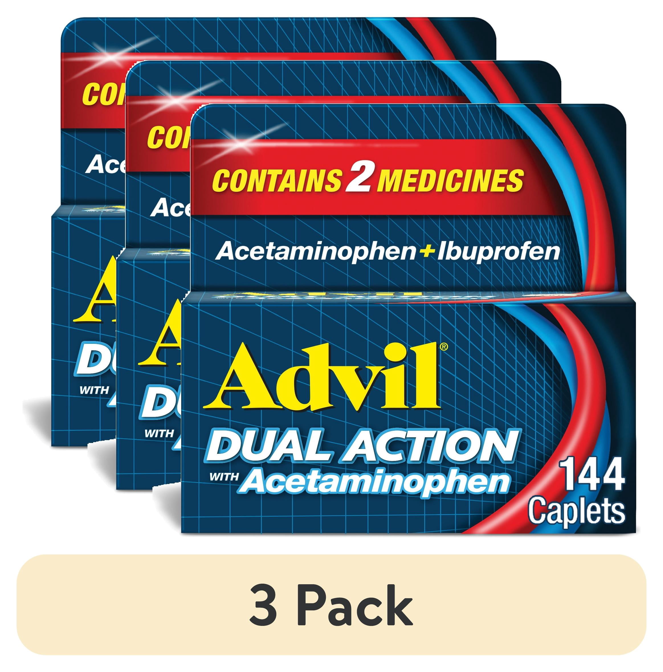 (3 pack) Advil Dual Action Pain Relievers Coated Caplets, 125Mg Ibuprofen and 250Mg Acetaminophen, 144 Count