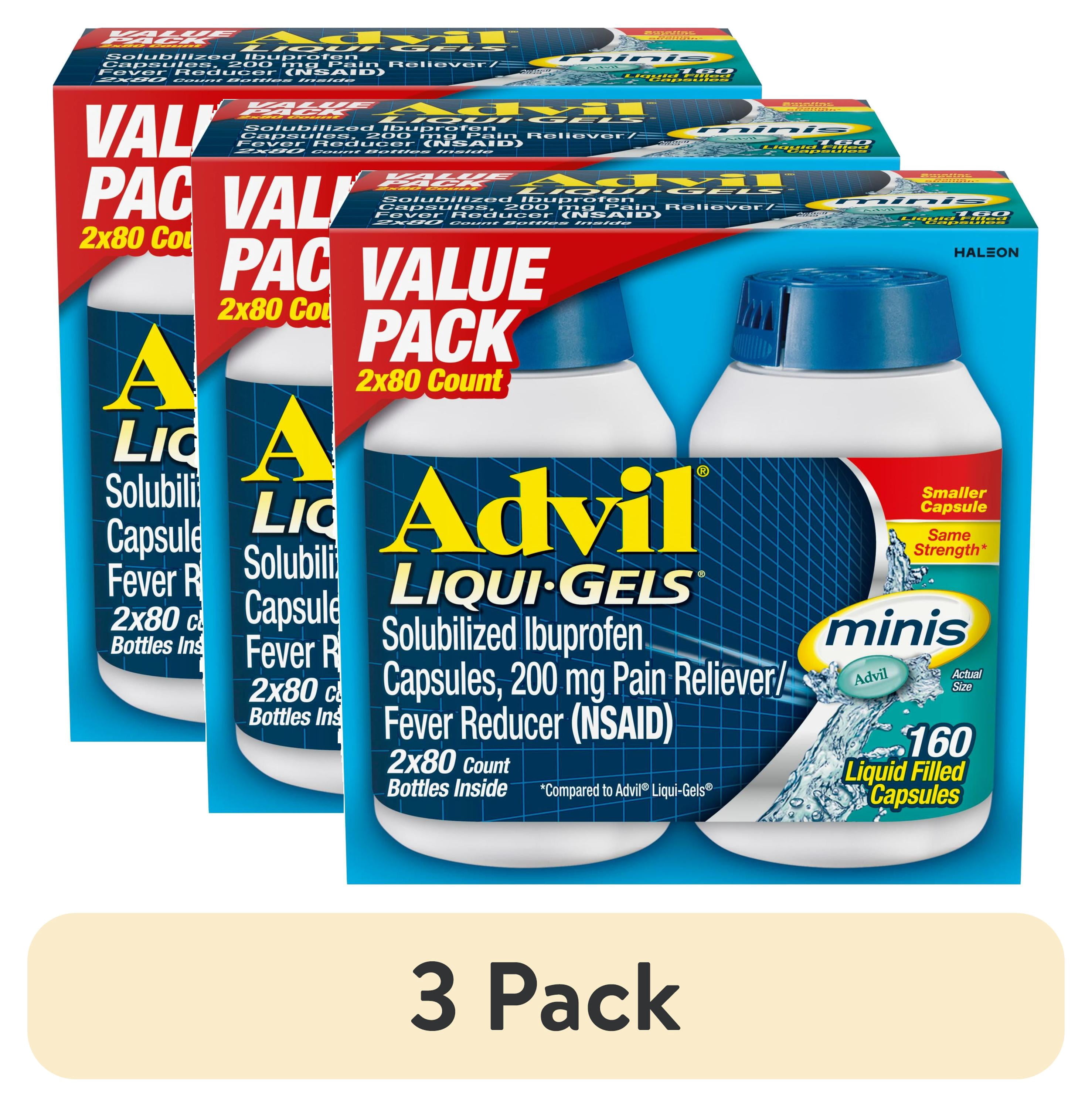 (3 pack) Advil Liqui-Gels Minis Pain Relievers for Headache Relief, Fever Reducer Liquid Filled Capsules, 200 Mg Ibuprofen, 2X80 Count