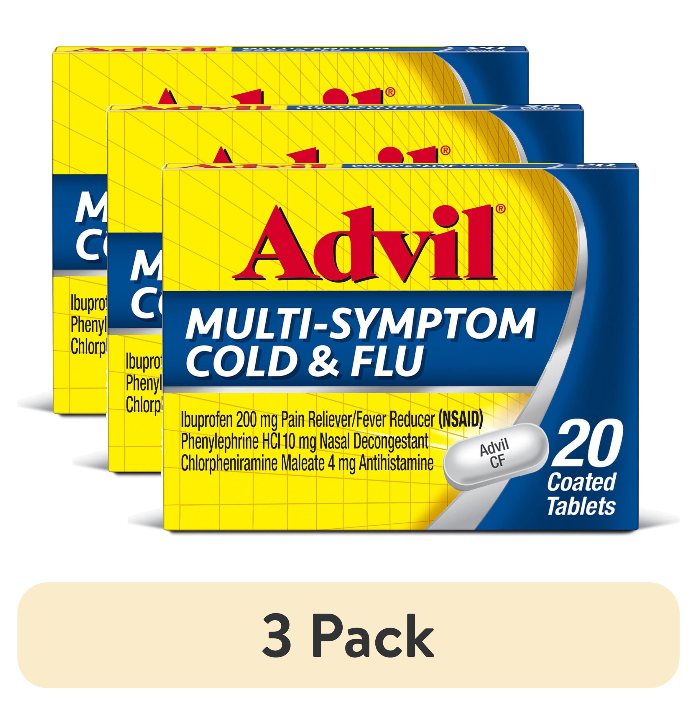 (3 pack) Advil Multi-Symptom Cold and Flu Medicine Fever Reducer Coated Tablets, 20 Count