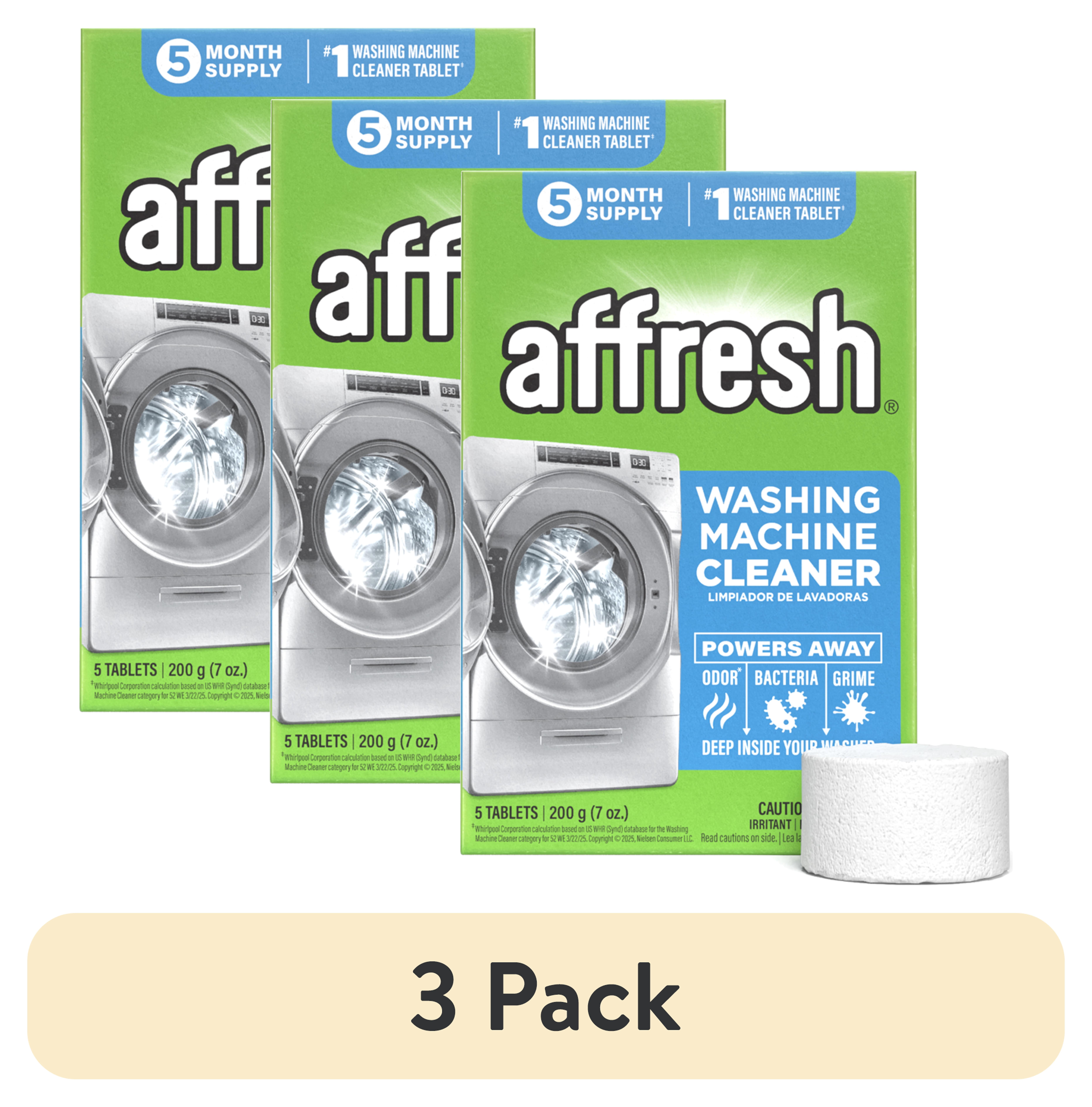 (3 pack) Affresh Washing Machine Cleaner, Helps Power Away Odor Causing Bacteria & Grime Deep Inside Pump, Valve & Hoses, 5 Time Release Tablets, 5 Month Supply