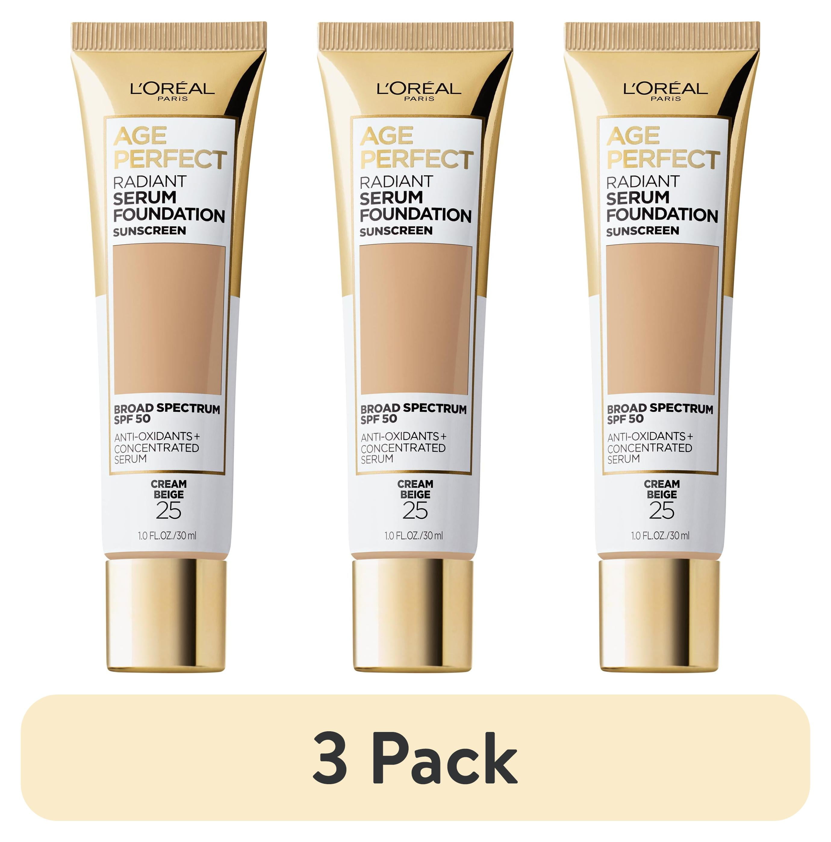 (3 pack) L'Oreal Paris Age Perfect Radiant Serum Foundation Makeup, 25 Cream Beige, 1 fl oz