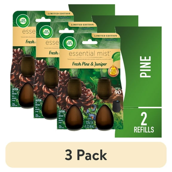 (3 pack) Air Wick Essential Mist Scented Oil Air Freshener Diffuser Refills, Fresh Pine and Juniper, 2 Count