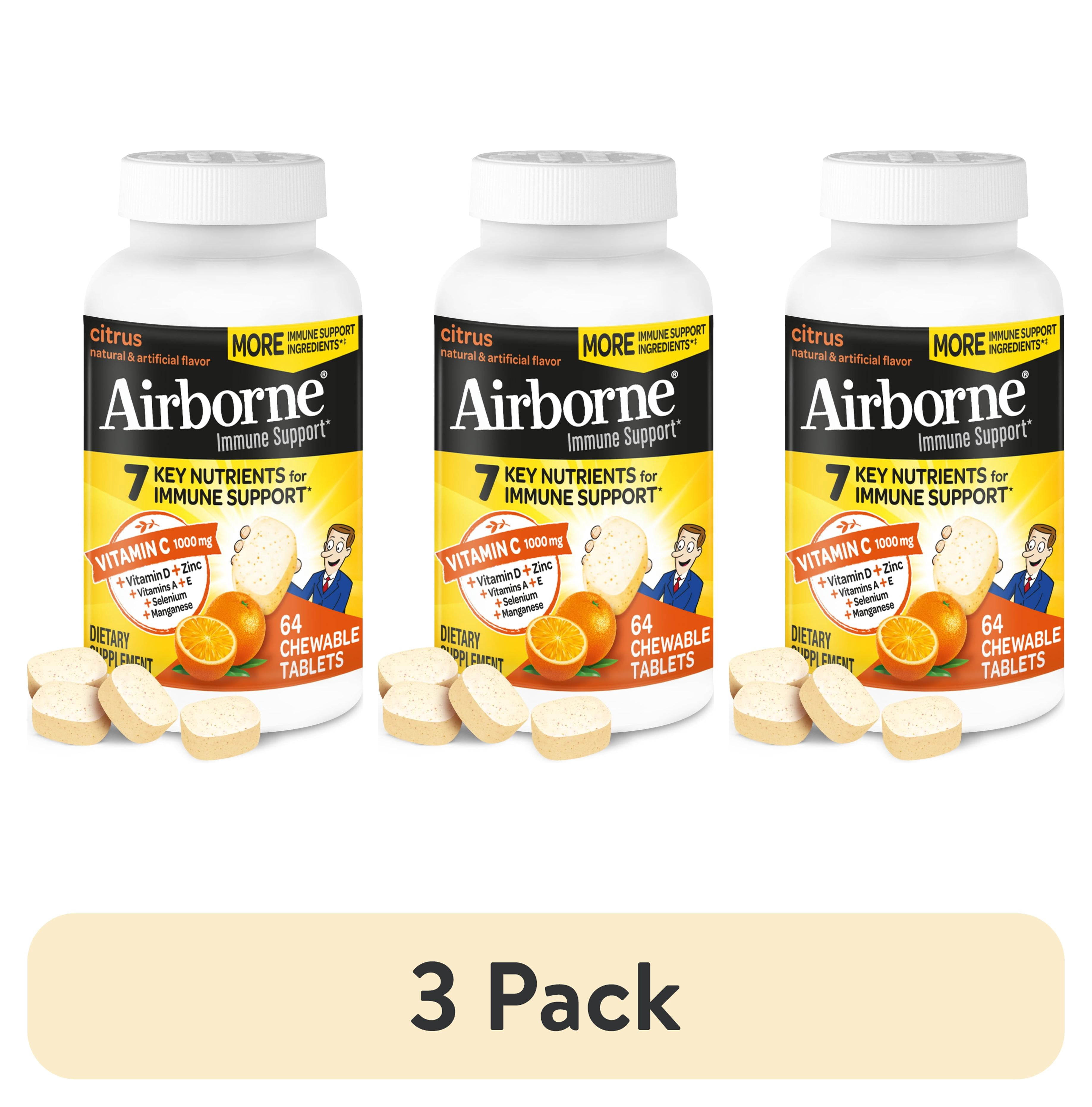 (3 pack) Airborne 1000mg Vitamin C Immune Support Chewable Tablets, Multivitamin Supplement, Citrus Flavor, 64 ct