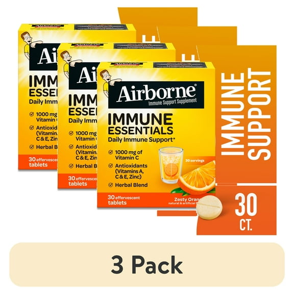 (3 pack) Airborne 1000mg Vitamin C Immune Support Effervescent Tablets, Zesty Orange, 30 Count