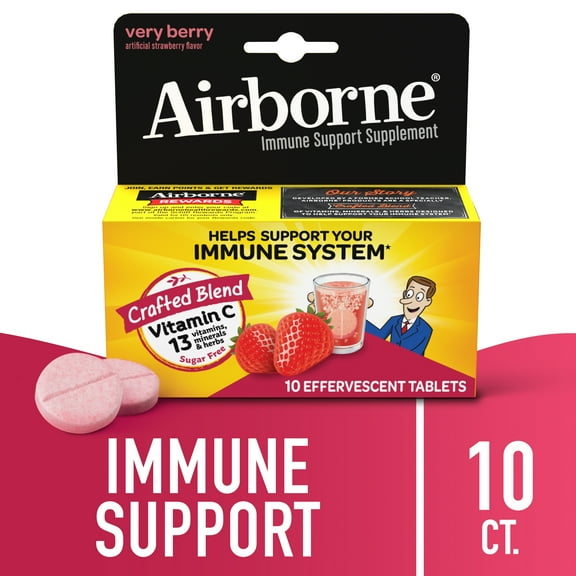 (3 pack) Airborne 1000mg Vitamin C Immune Support Multivitamin Effervescent Tablets, Very Berry Flavor, 10 ct
