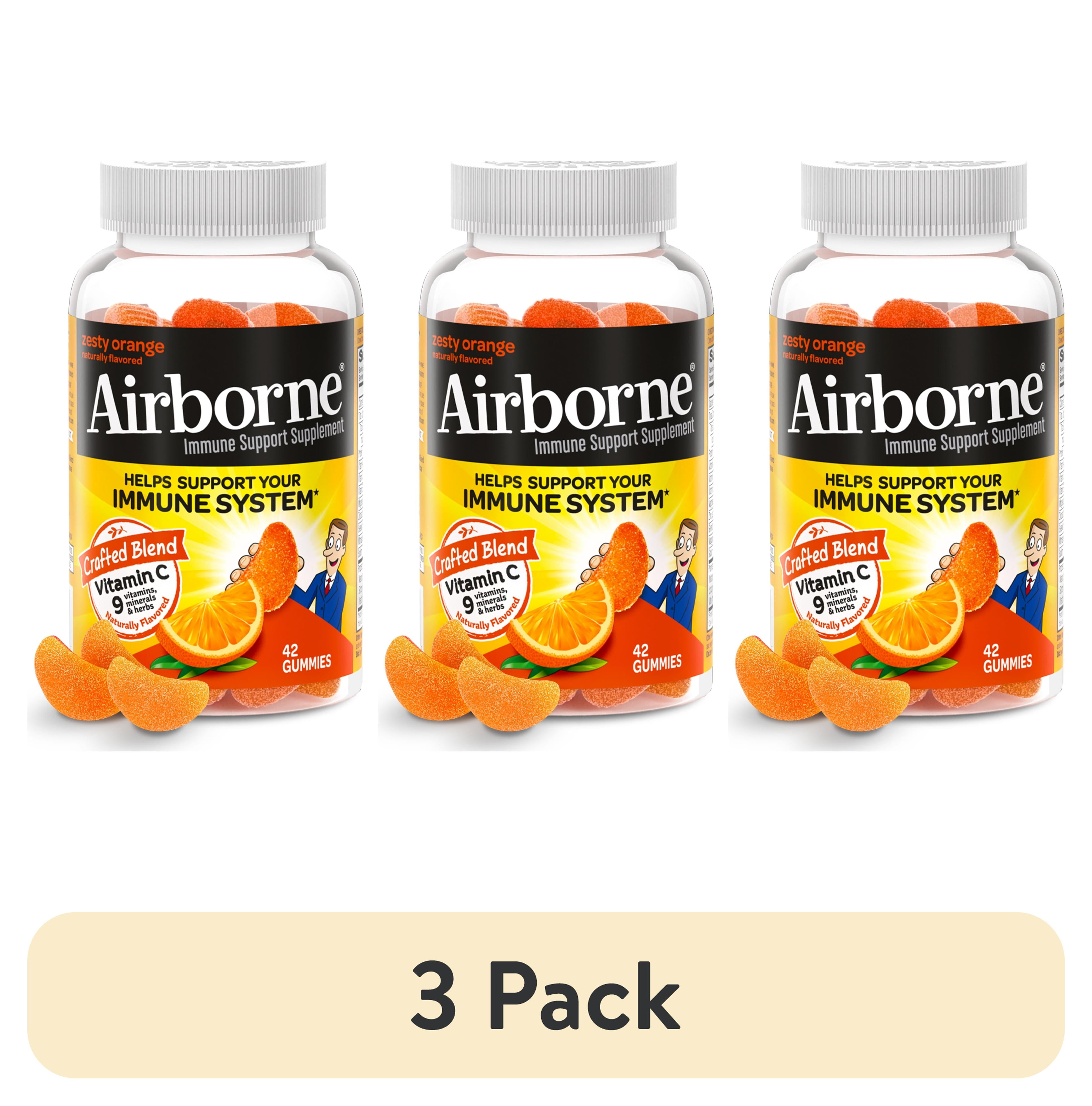 (3 pack) Airborne 750mg Vitamin C Immune Support Gummies, Zesty Orange Flavor, 42 Count