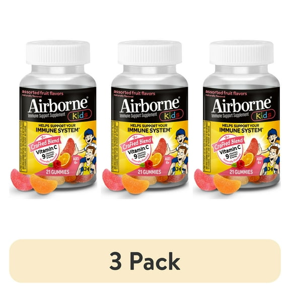 (3 pack) Airborne Kids 500mg Vitamin C Immune Support Gummies, Multivitamin Supplement, Assorted Fruit Flavor, 21 ct