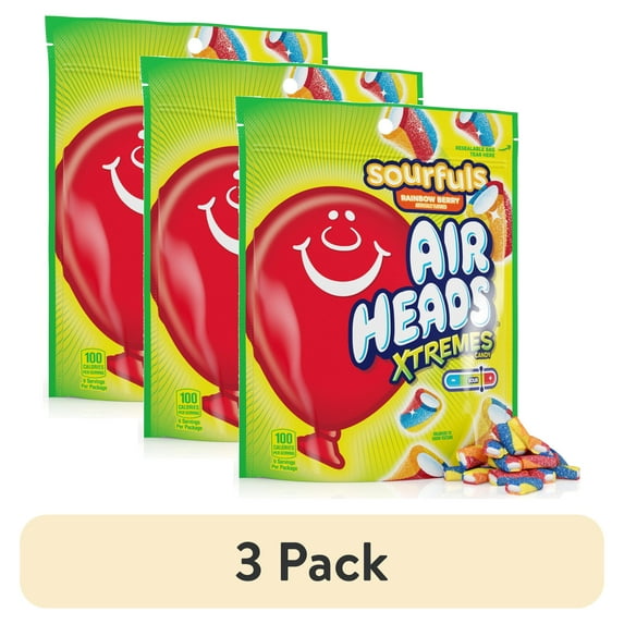 (3 pack) Airheads Sour Candy, Xtremes Sourfuls Candy Bag, Rainbow Berry, Nut Free, 9 oz